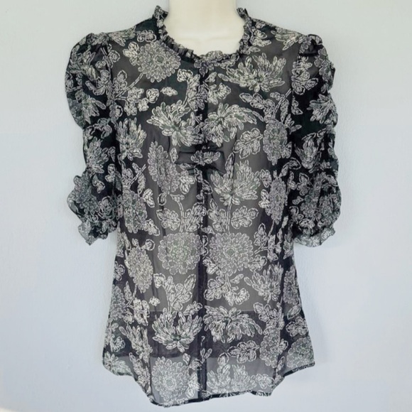 Veronica Beard Natuka black green sheer floral print ruffle trim blouse size 4 - Picture 2 of 16